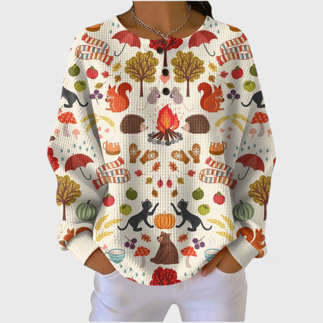 Beatrice | Maglione Crema con Motivo Foresta Autunnale