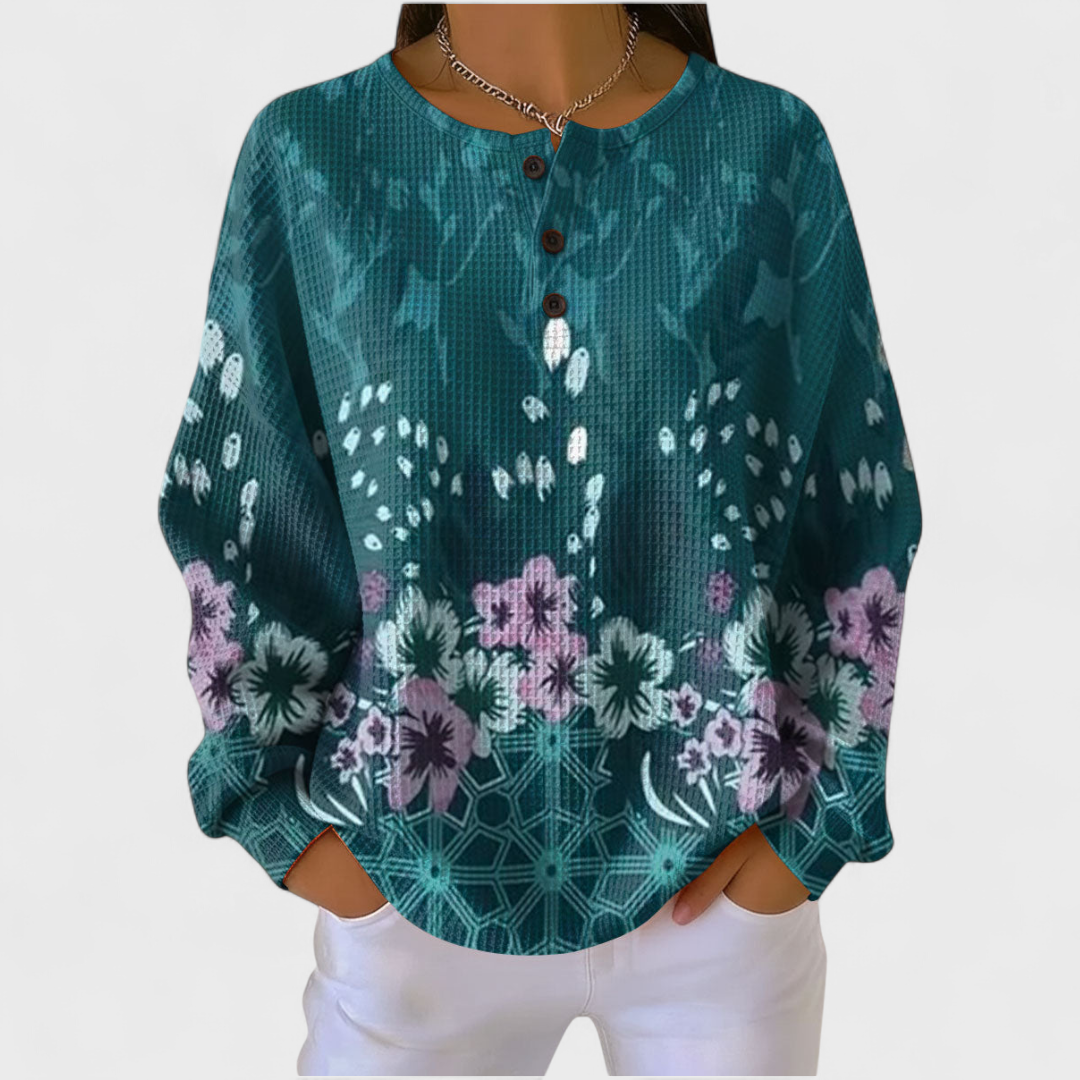 Nora | Maglione Blu Ottanio con Disegno Floreale
